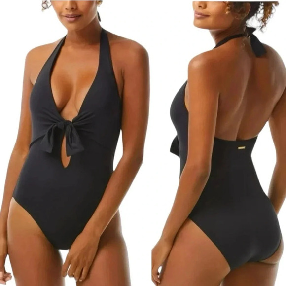 NWT Vince Camuto Tie Front Key Hole Halter One Piece Swimsuit Black Size 6 - Picture 12 of 12